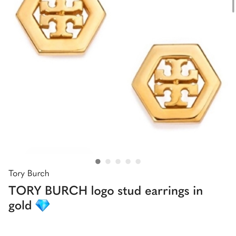 Tory Burch Gold Hexagonal Logo Stud Earrings - Polished Gold Tone - Picture 3 of 9